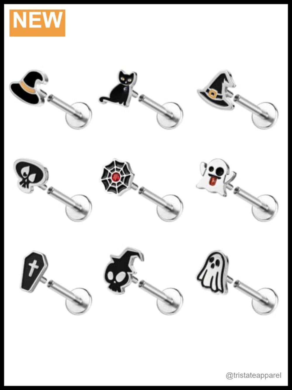 16G Stainless Steel Halloween Labret Lip Rings Flat Back Piercing Studs 9pc